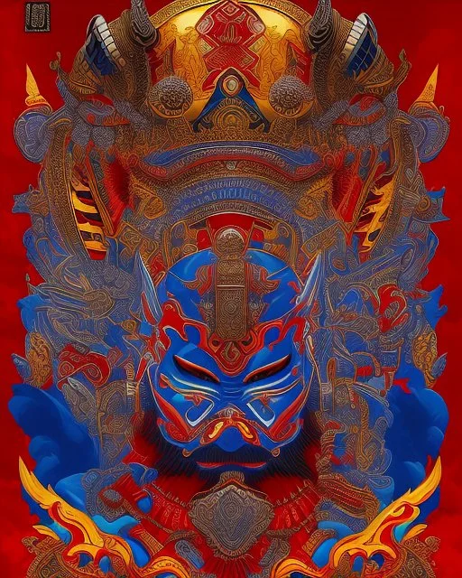 Samurai man intricate ink art hyper-detailed full frontal view maximalist red blue 4k