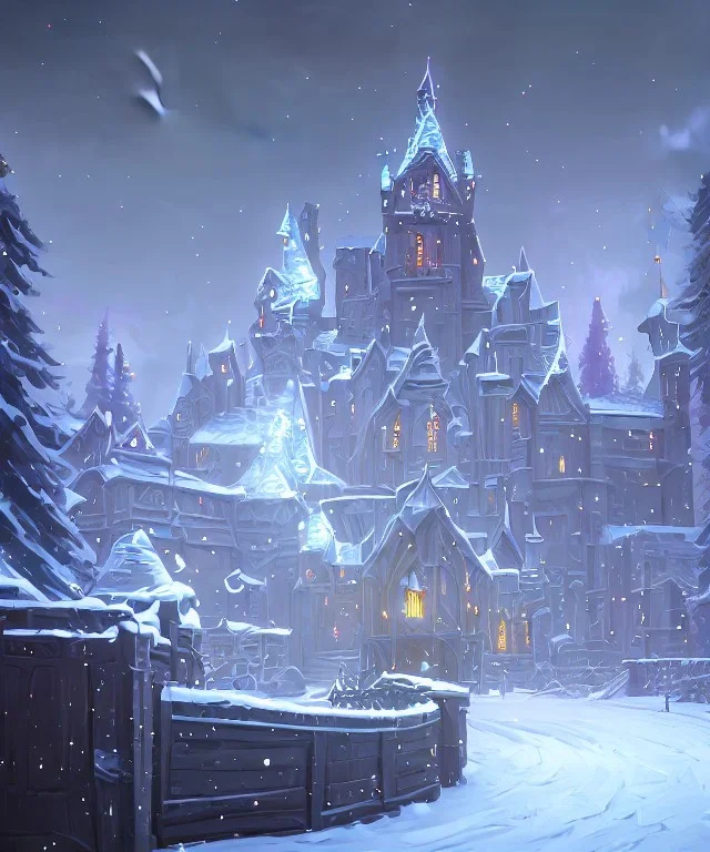 A magical snowy warlock castle in Christmas