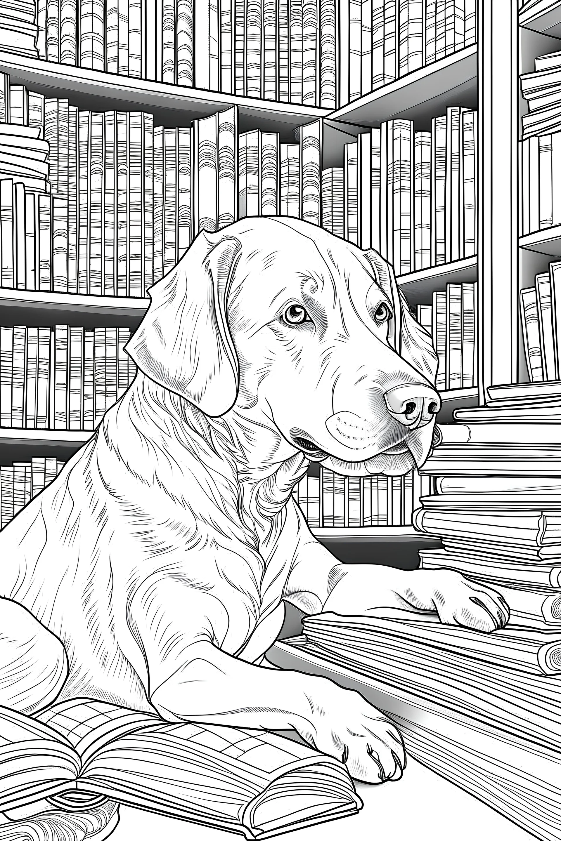 Outline art, no shading, dog in the book library, no shading, low details, --ar 9:11