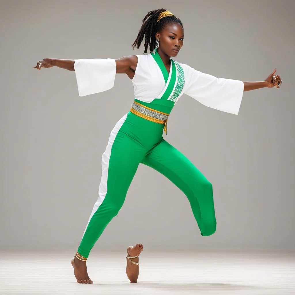 A surprised Niger sublime dancer woman, 24-years-old wearing a white and green one-piece swimsuit , she executes the crane movement of karate kid: two hands up and a foot ready to strike