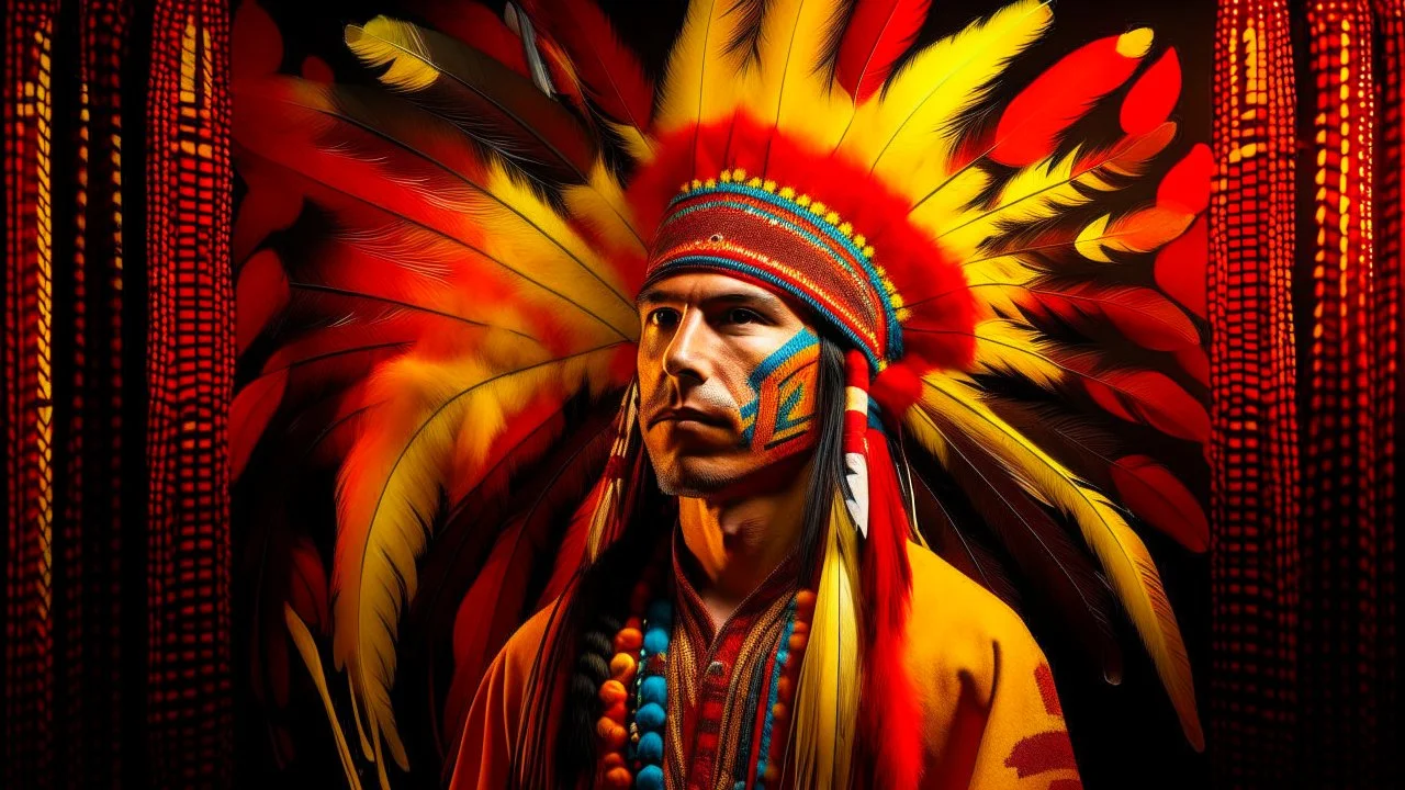 Native American man wearing a traditional headdress with colorful feathers, standing in front of a vibrant, abstract background with geometric shapes and patterns in warm tones of red, orange, and yellow