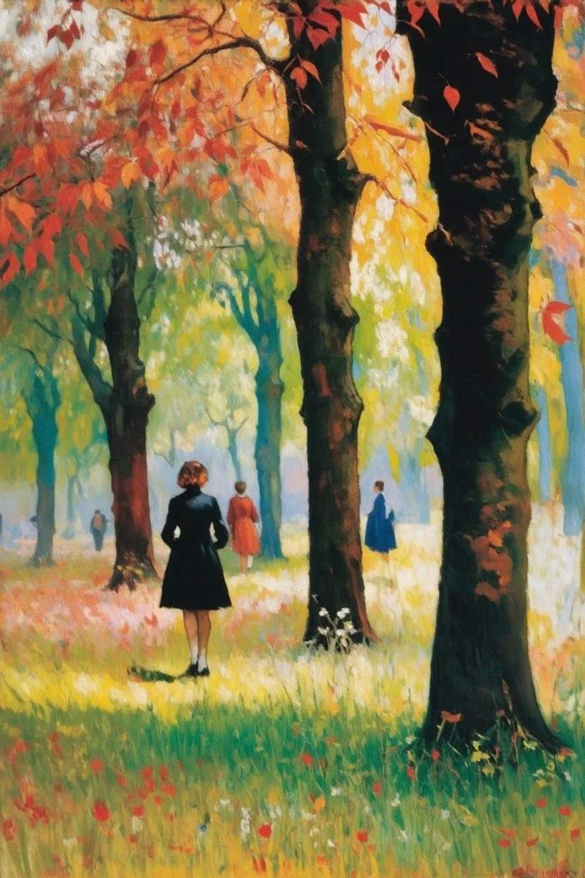 Trees, forest, autumn, grass, distant people, flowers, gothic horror movies influence, realistic vision, and paul cezanne impressionism paintings