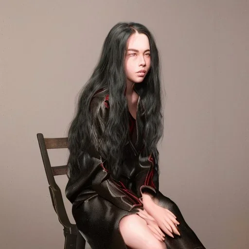 Billie Eilish, sitting on a chair, Black Short Dress, high detail, realistic