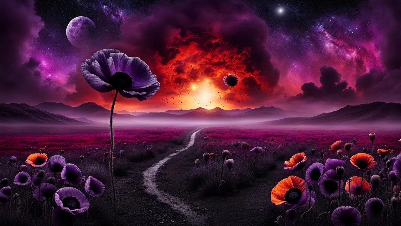 black poppy seed , purple poppy flower in the bloody sunset, on alien land, weird, surreal, complementer colors, fog, shadows, dead world, high detailed, far above on the dark sky is nebula, weird, surreal style, splash art