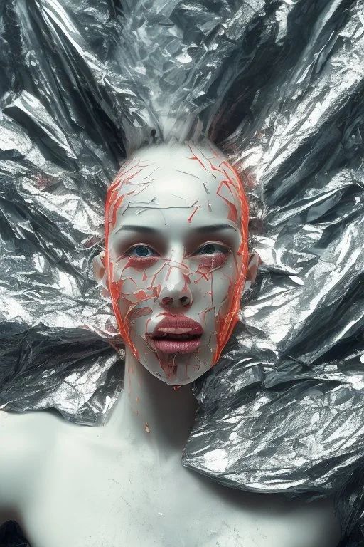 a dramatic 8k image of a person with a plastic covering the face, struggling to breath and trying to break free as it s tighly pulling over the face, chaos80