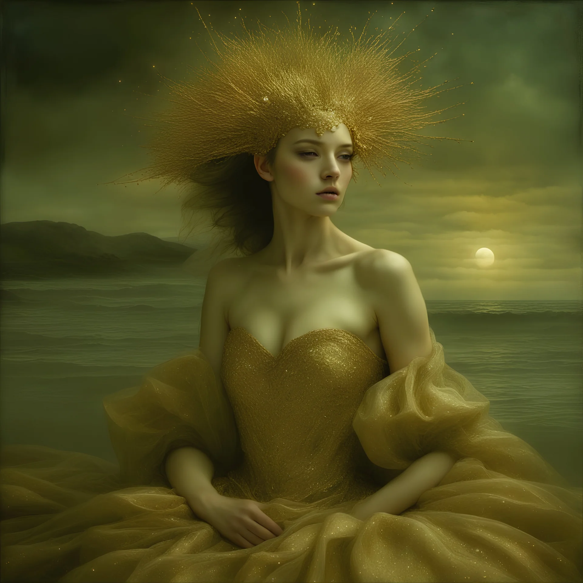 (Masterpiece1:5) By(Jan Saudek:Natalie Shau:1.5) (highest quality) (ultradetailed:1.5),bright Foreground with (gold sparkles floating Intricately through the painting:1.5),attractive and content woman 😁, she sits on the beach with snoot lighting is the defining light source,gold dress melting into the sand 😅),dreamlike, (surreal:0.5) beach with soft sand, High contrasts, vibrant colors, flawless Composition,Soft Lighting Create Depth Of Field. accentuates the beauty of the piece,provocative ar