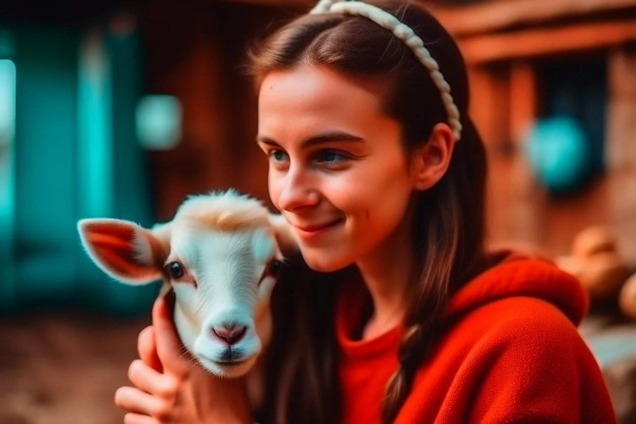 attractive woman with cute head of a goat, holding a baby