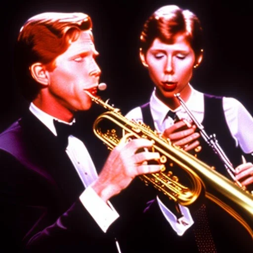 REd-haired Ron howard Is richie from happy days playing his saxophone with "eyes closed", rock band, embouchure, joanie cunningham