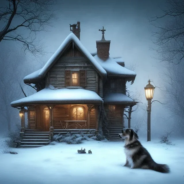 sad, scared, sad, lonely sad dog tied with a leash in front of a house, winter, 8k resolution, high-quality, fine-detail, intricate, digital art, detailed matte, volumetric lighting, illustration, 3D octane render, brian froud, howard lyon, selina french, anna dittmann, annie stokes, lisa parker, greg rutowski