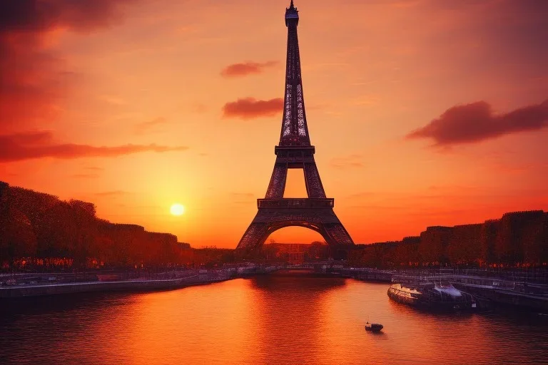 Eiffel tower made from glass , sunset , year 2500