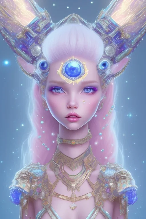 cosmic petit prince, grand front cosmique, peau bleu cristalline, yeux bleu, perle sur le front long cheveux blond et rose etoilé, cristaux sur le corps, collier de grande princesse, levres souriante, très jolie sourire