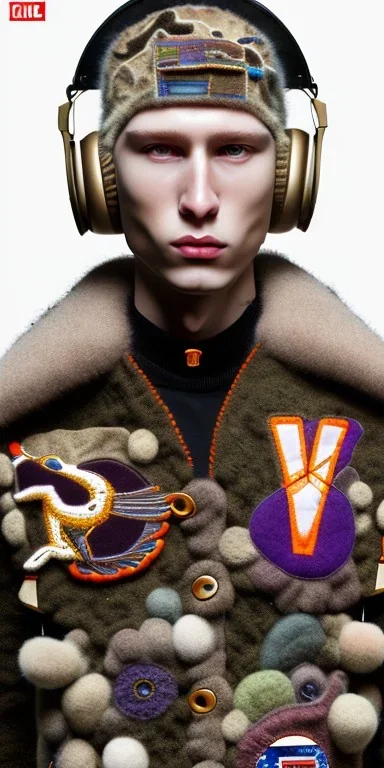 Brunette she. average body type. Mantle is sewed of recycled Denim and sewed together of camouflage pieces. Camouflage colors are orange,terracotta, cream and purple. It is with big bright purple felt tippet and cream-colored-hood. mantle is merged with satchel. . AKG-style headphones (gold rings!) is merged with small felt cap with small visor. Style: Haute Couture in 1936, Paris fashion in 2023, inspired by street art. Cream latex gaiter. Her head and rest body!