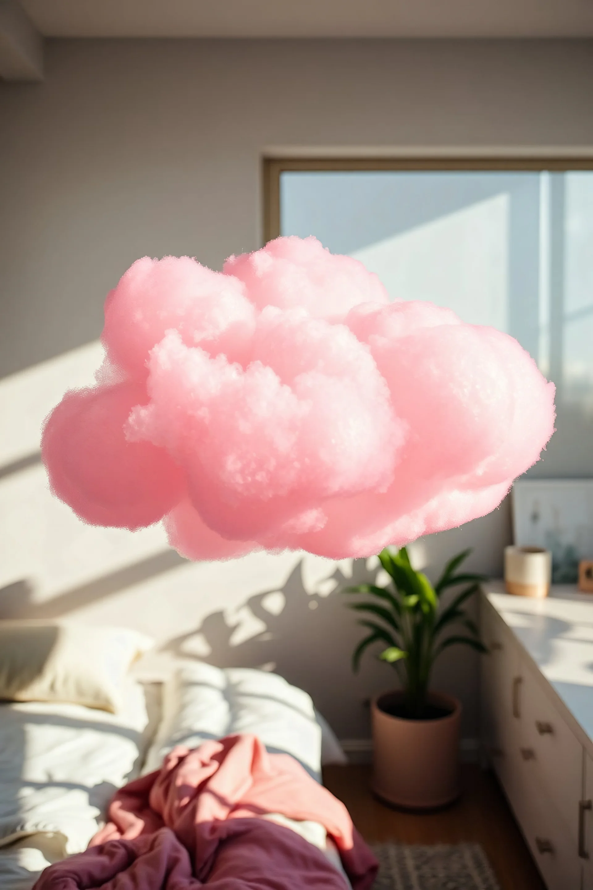 A pink plastic cloud floating in the bedroom, sunny