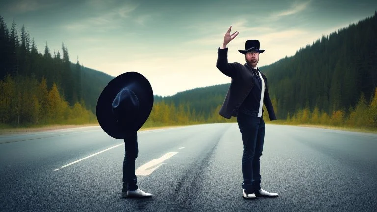 french canadian standing on a hat that is laying on the road