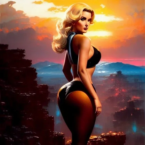 Drawing of beautiful face,'beautiful booty,Busty blonde Mags Black(fallout4)',intense stare, ancient skintight armor, balanciaga fashion clothe painting by gaston bussiere, greg rutkowski, yoji shinkawa, yoshitaka amano, tsutomu nihei, donato giancola, tim hildebrandt,KyuYong Eom,Ren Wei Pan Oil on canvas, cinematic composition, extreme detail,fit full head inside picture,16k