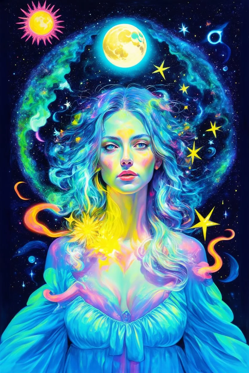 We all shine on with the moon and the stars and the sun; a mashup of neo-surrealism and symbolism; pale neon palette
