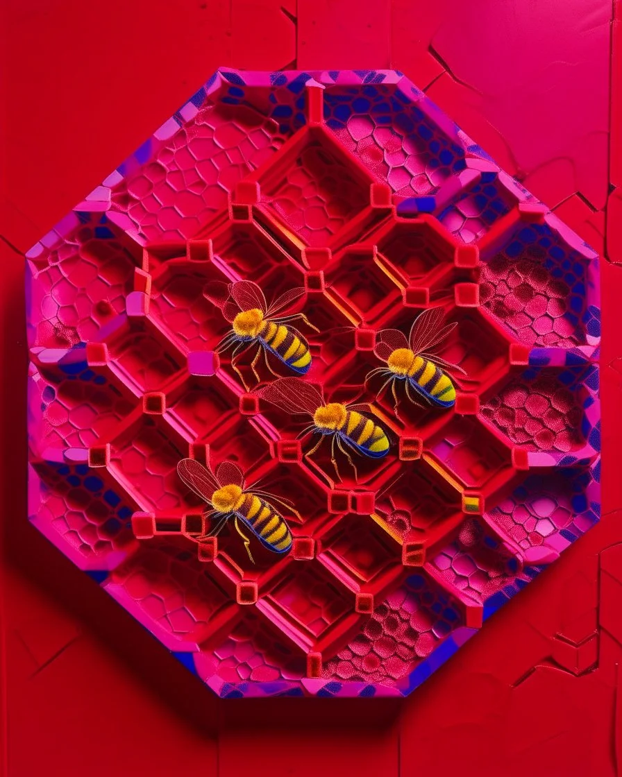 A magenta honeycomb hive with honeybees painted by Pablo Picasso