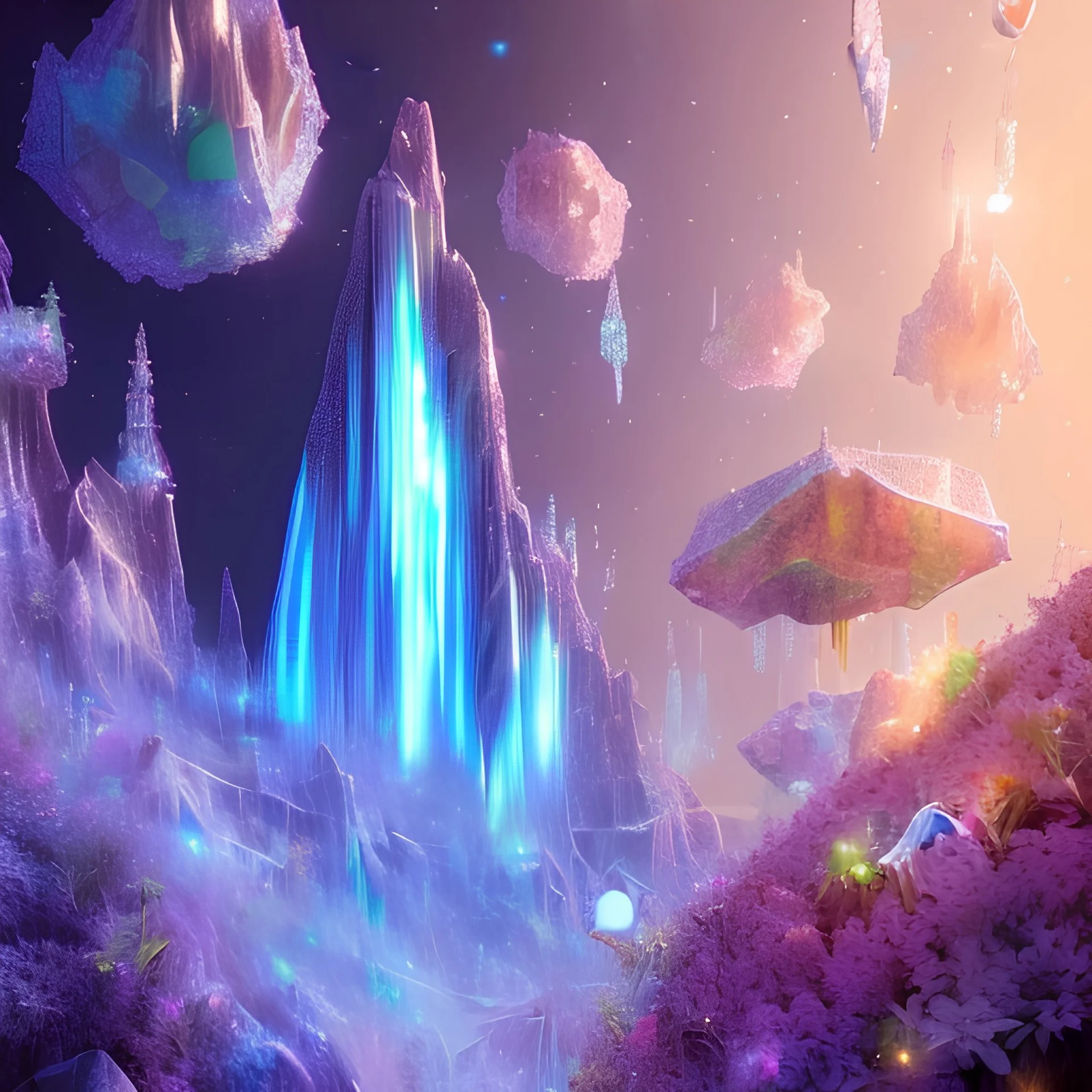 cristal lights flowers fantasy,crystal city crystalline in the sky, renderin, room, cosmic, transparent, crystals, object, other worldly, crystls waterfall, cristal rock ,bright, ice