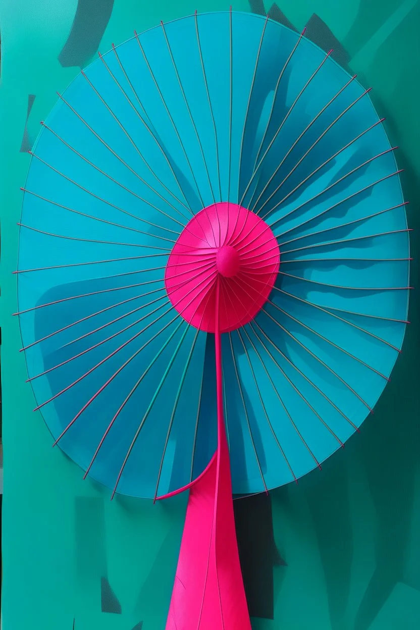 teal acrylic background with stylized spokes of a hand fan and a hot pink piece of gauze; Gouache on paper; Aleksandr Rodchenko