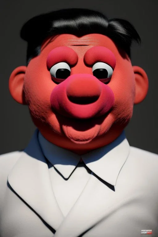 Waist up muppet Portrait, Kim Jong-un muppet doll, black suit, photo studio, red background, unreal engine 5, concept art, art station, ray tracing, lumen lighting, ultra detail, volumetric lighting, 3d.