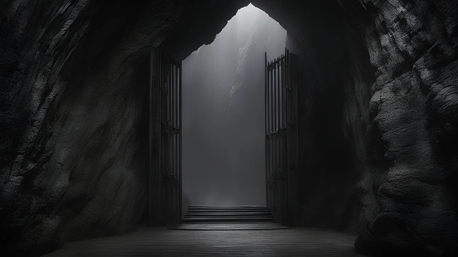 Photoreal magnificent low angle view of an enormous long black wall with a gargantuan wooden mordor gate bound in iron and a walkway on the wall in a big dark cave deep in the underdark of the forgotten realms by lee jeffries, otherworldly creature, in the style of fantasy movies, photorealistic, shot on Hasselblad h6d-400c, zeiss prime lens, bokeh like f/0.8, tilt-shift lens 8k, high detail, smooth render, unreal engine 5, cinema 4d, HDR, dust effect, vivid colors