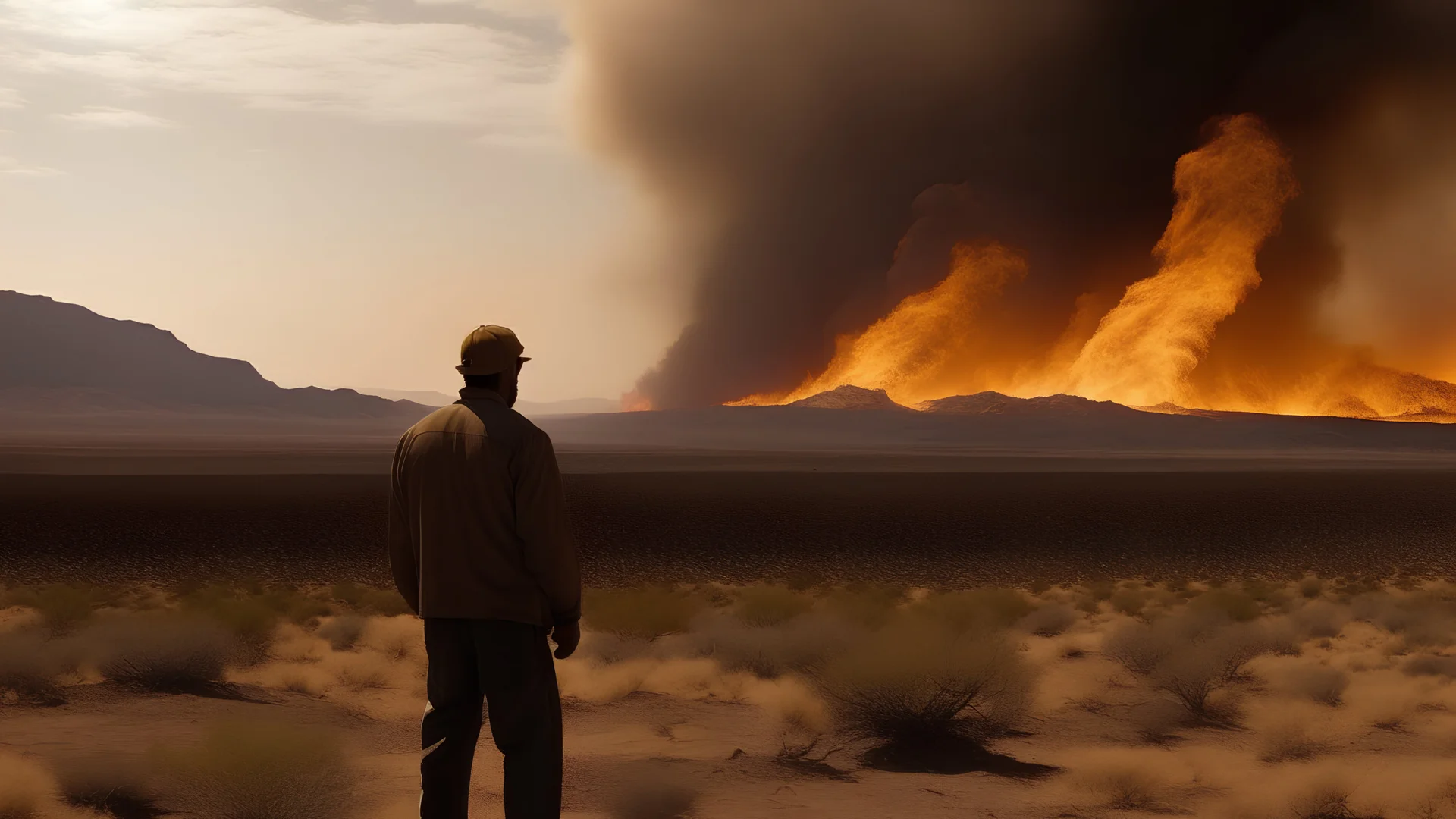 A man looks at a distant fire in the desert