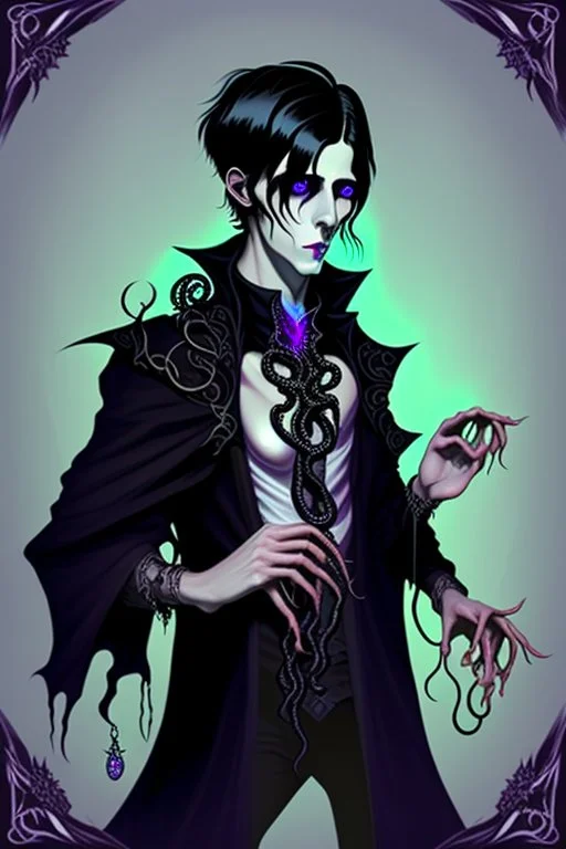 black haired young man necromancer wizard with gothic jewelry and tentacle fingers in the style of H. R. Geiger