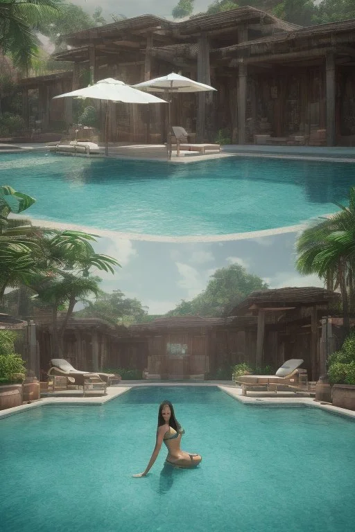 picture of a bikinimodel and a pool in the background