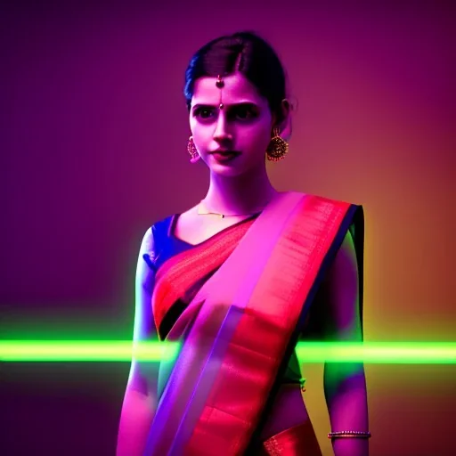 full body photo of a girl in saree in dark room with neon light ,hyperrealistic,detailed,8k,cinematic