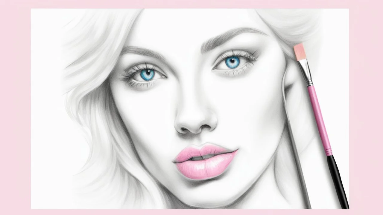 the artist's hand draws a portrait of a blonde woman, charcoal, pencil, pink lips, blue eyes, fine drawing, hand with a brush