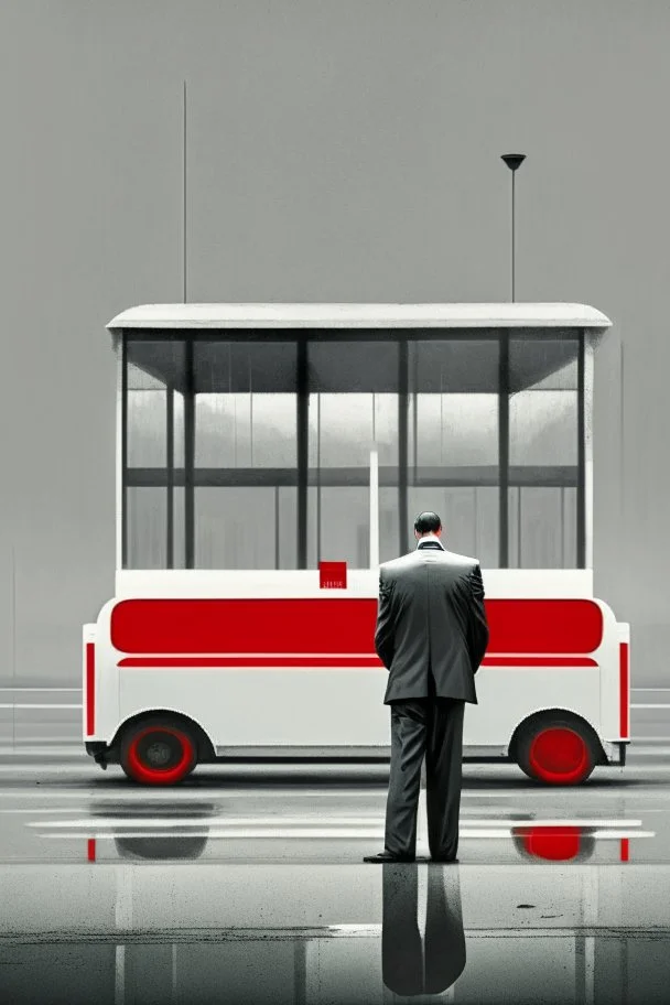 A lonely man waiting for bus in white suit red tie and black shoes