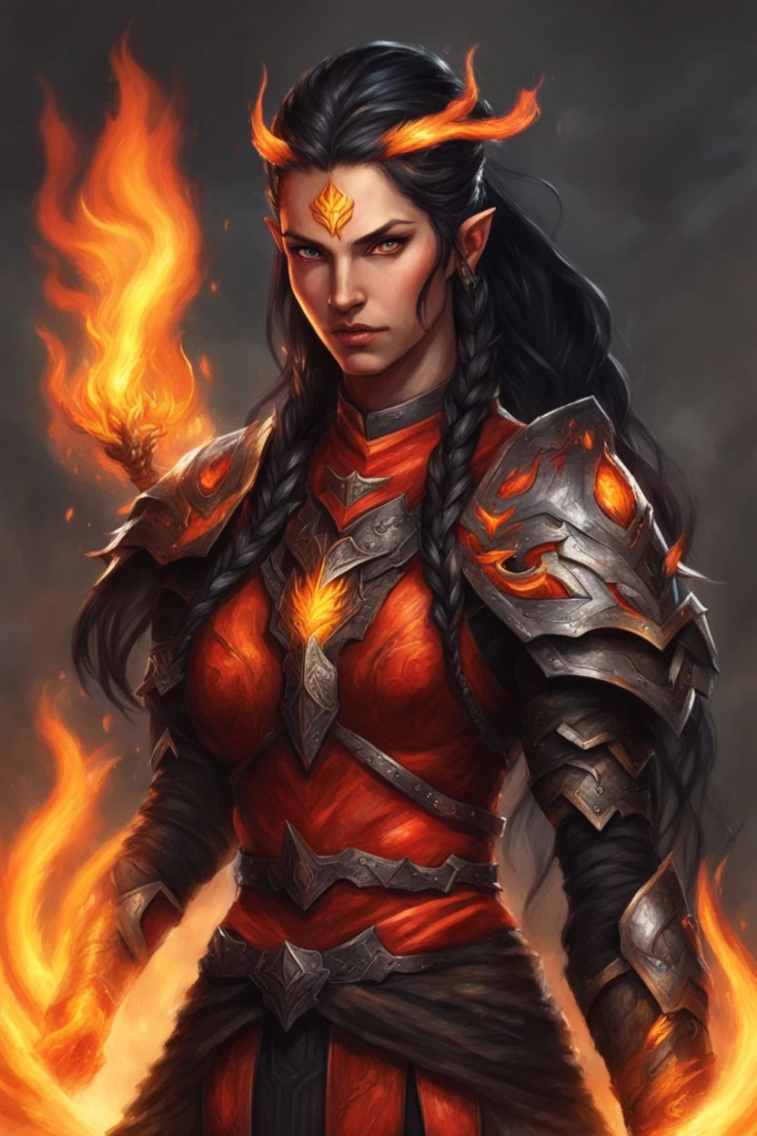 Picture a fierce eladrin druid with blazing jet-black hair, half braided and half down, emitting flames as she conjures fire with her hands. Her eyes shine bright red, and a big scar on her face tells of battles fought. Clad in light armor, she embodies strength and elemental mastery, with her flaming hair adding to the intensity.