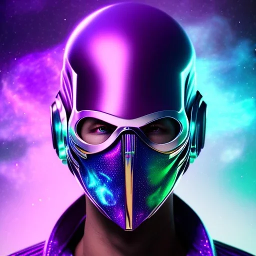 purple galaxy masked villain, futuristic, teal and purple smoke, full portrait, hyper realistic, 4k