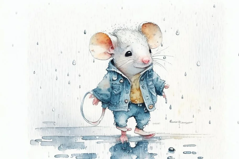 watercolor painting, Jean-Baptiste Monge style, Cute adorable baby white mouse in jeans clothes walking in the rain in Autumn, splash art