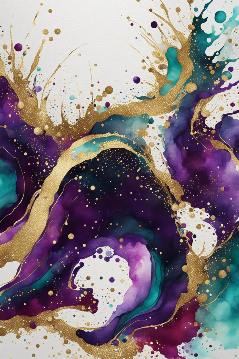 abstract golden glitter, dark royal Red, purple and turquoise watercolors with golden outlines