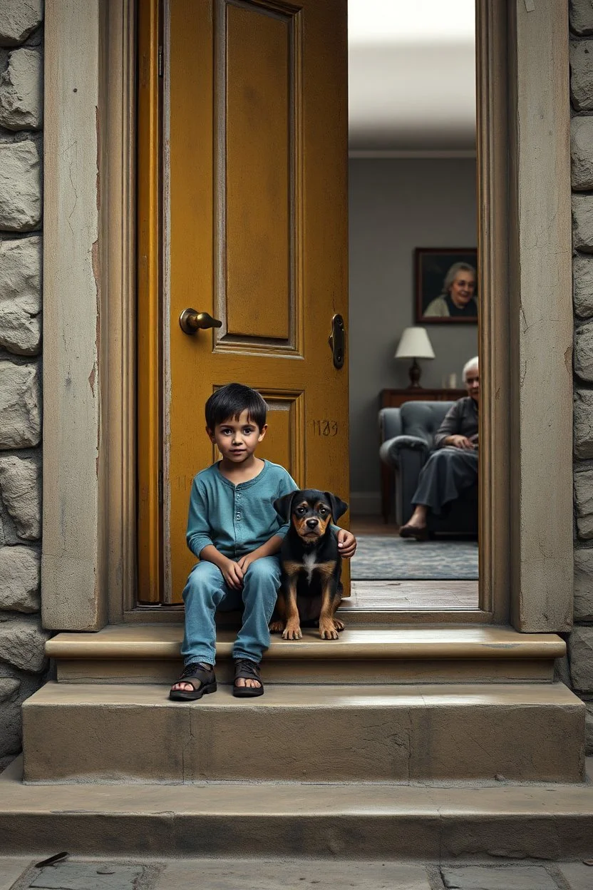 A one year old boy and a black boy , with a small dog in the middle , sitting on the door 3 steps of the an old paints cracked house door , in the background a room with old woman sitting on the couch , insanely detailed octane render trending on artstation, 8k artistic photography, photorealistic concept art, soft natural volumetric cinematic perfect light, chiaroscuro, award-winning photograph, masterpieces, oil on canvas, Raphael, Caravaggio, Greg Rutkowski, people,