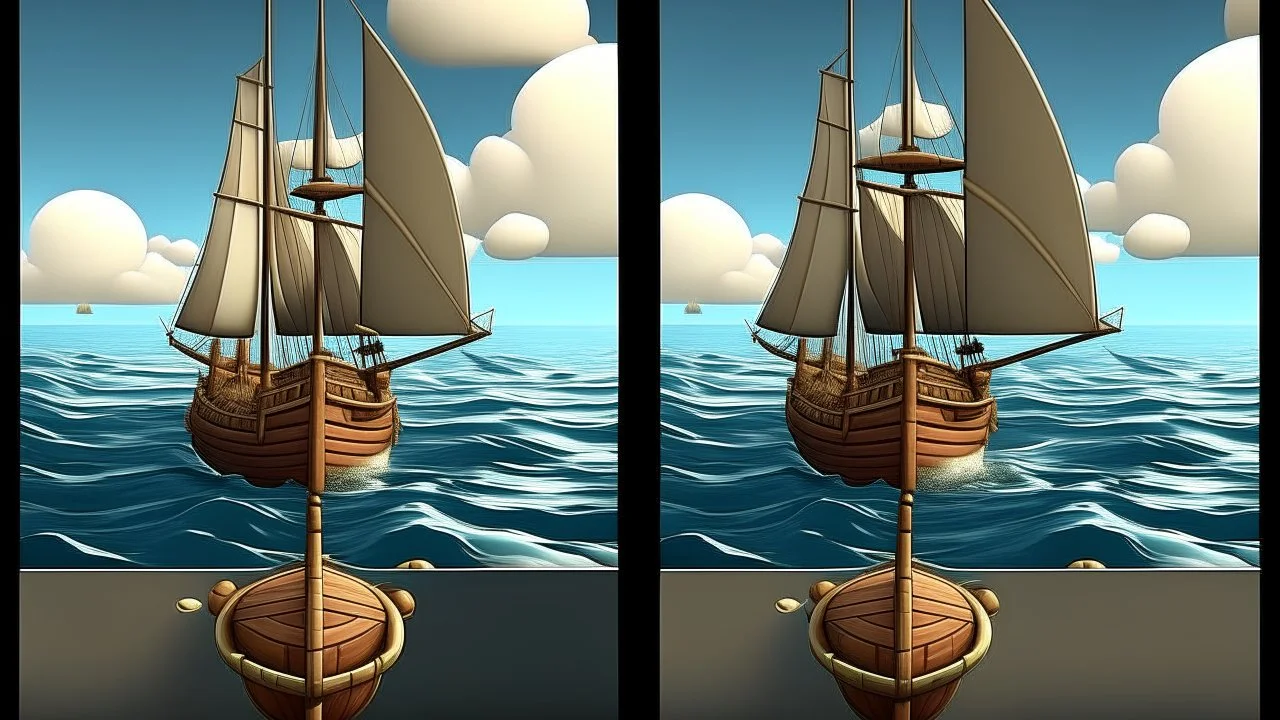 **Game UI: Boat Sailing** * **Layout:** Split screen (top 3/4: game world, bottom 1/4: controls) * **Game World:** Stylized sailboat (single mast, billowing sail), ocean environment (waves, horizon), optional obstacles. Subtle wind direction indicator. * **Controls:** * Rudder Crank Wheel (large wooden wheel) * Two ropes on sail (Mainbrace): Left rope pulls (incr