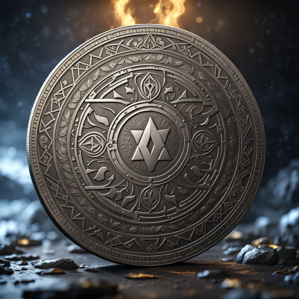 a silver coin called a moon standing on edge. a silver moon in the middle. ancient viking runes. flat coin. show one whole coin front on at a distance. fantasy concept art, exquisite realism, a masterpiece, dynamic lighting, hyper detailed, intricately detailed, deep color, Unreal Engine, volumetric lighting , Epic cinematic brilliant stunning intricate meticulously detailed dramatic atmospheric maximal,