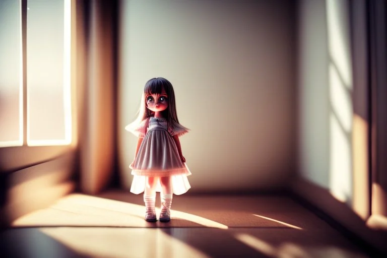 cute chibi girl on a room scale, looking at it with a terrified expression, in sunshine, ethereal, cinematic postprocessing, dof, bokeh