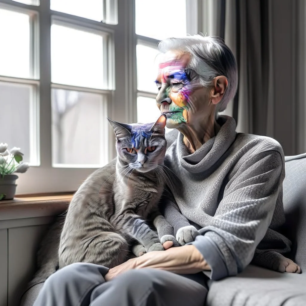 create a sleeping grey haired middle aged woman with chin length hair, sitting on a chair, in front of a window, holding her beloved gray and white tabby Oriental shorthair cat, also sleeping, in her arms. Serene peaceful calm. the snow falling outside