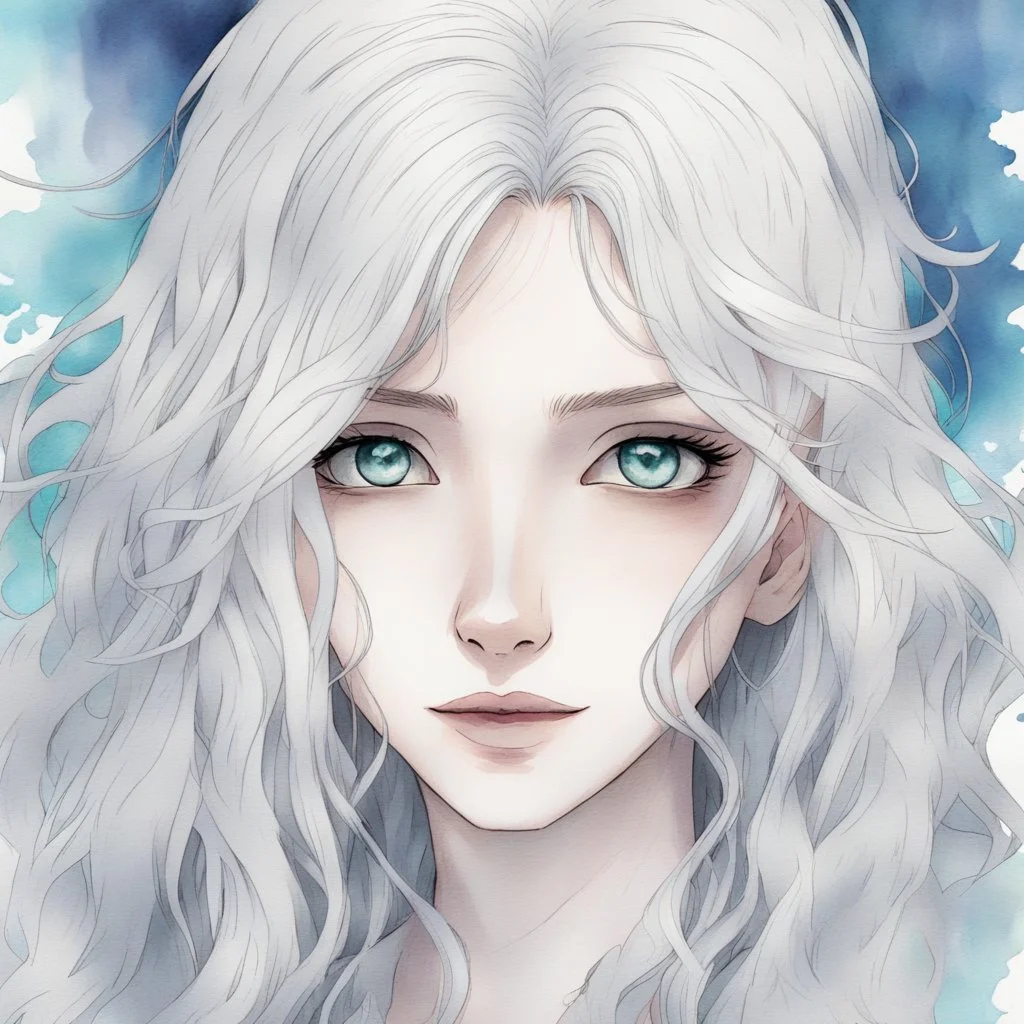 a close-up headshot of a young woman with long white hair, silver eyes, pale skin, skinny, sickly, shy, anime style, intricately detailed, colored sketchy manga style, splotchy watercolor background