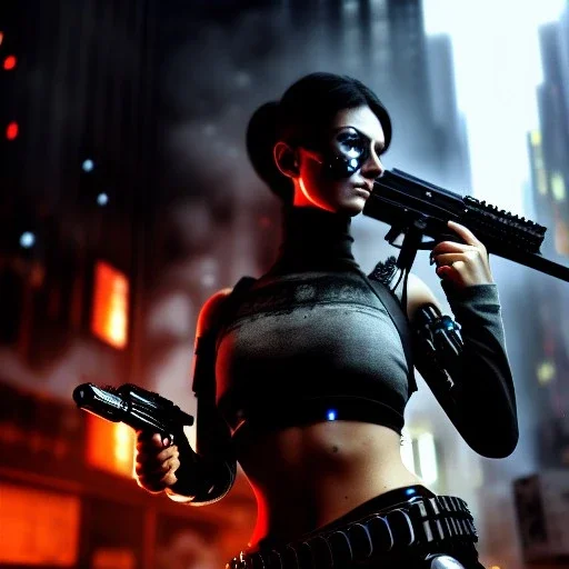 portrait,beautiful female Cyborg, Holding a Gun aiming at viewer, intense stare, sad eyes, post-apocalyptic in a cyberpunk city, realistic, intriacte detail, sci-fi fantasy style, volumetric lighting, particles, highly detailed ,cinamatic , deep colours,8k, by Caravaggio