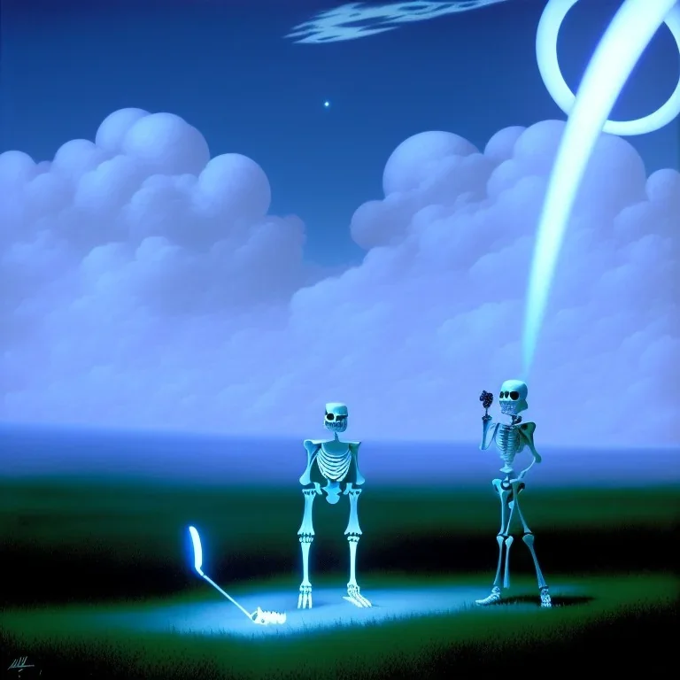 The Grim Reaper and the Skeleton in Tron world, discussing the future of the universe, art by Magritte and Pixar