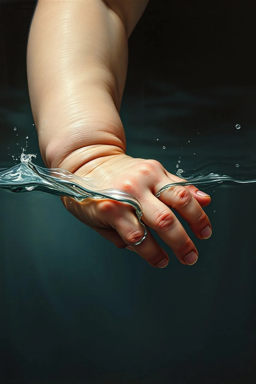 Bosch painting style nightmare a hand of baby in water , water in the background