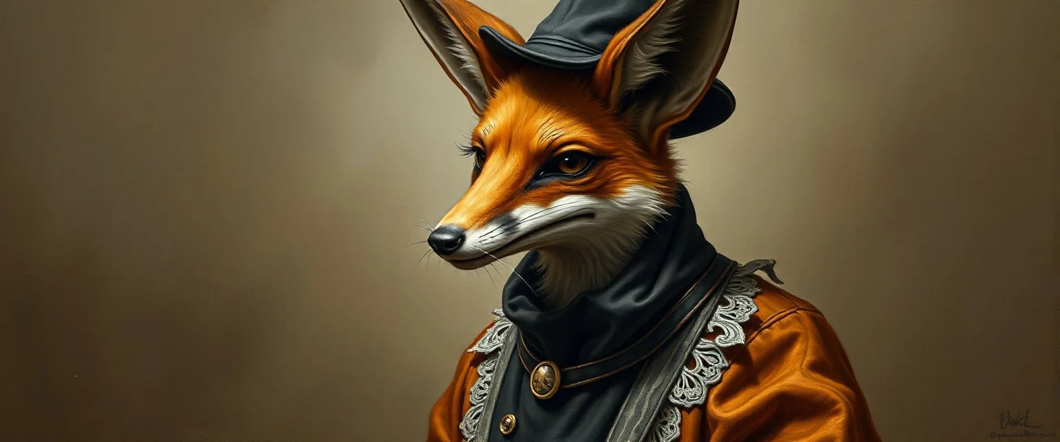 amish space alien fox dressed in amish outfit, painted by Rembrandt, Escher and Giger and some anime genious