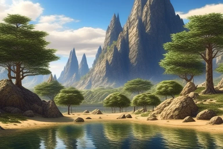 Mountains, Trees, rocks, sand, pond, epic, sci-fi