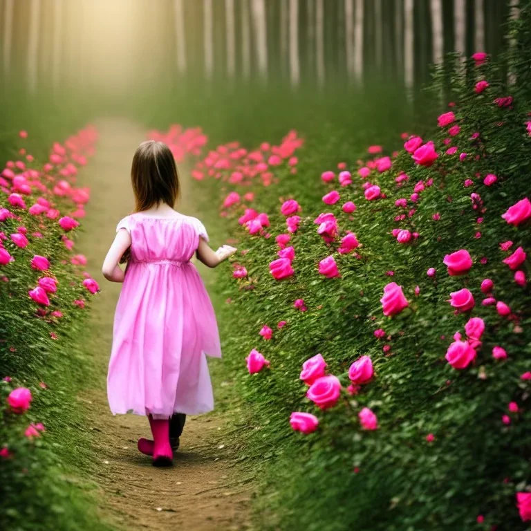 blind beautiful little girl walking through roses forest