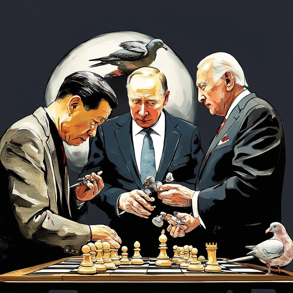 Putin, President Xi Of China And Joe Biden Play Chess With A Pigeon,Ufo And Atomic Bomb Mushroom Cloud,Complex Surgical Instruments Intermixed With A Newborn Boy,Minimalism,Painting By Adrian Ghenie,Rene Magritte,Pablo Picasso,Michelangelo,Salvador Dali,Lucian Freud