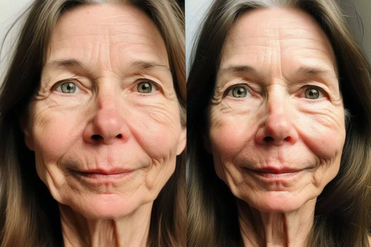 A selfie of a brunette woman, middle long hair, showing a 59-year-old European woman. She has brown hair, face without makeup, cute nose, detailed full lips, skin texture. Split screen and show on the right side the same face but without wrinkels and 20 years younger and more beautiful