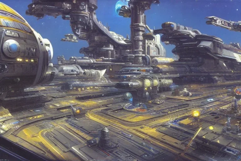 Spaceport on a heavy industrialized planet, starting spaceship, inspired by John Berkey, insanely detailed, vibrant, wide-angle, street level view